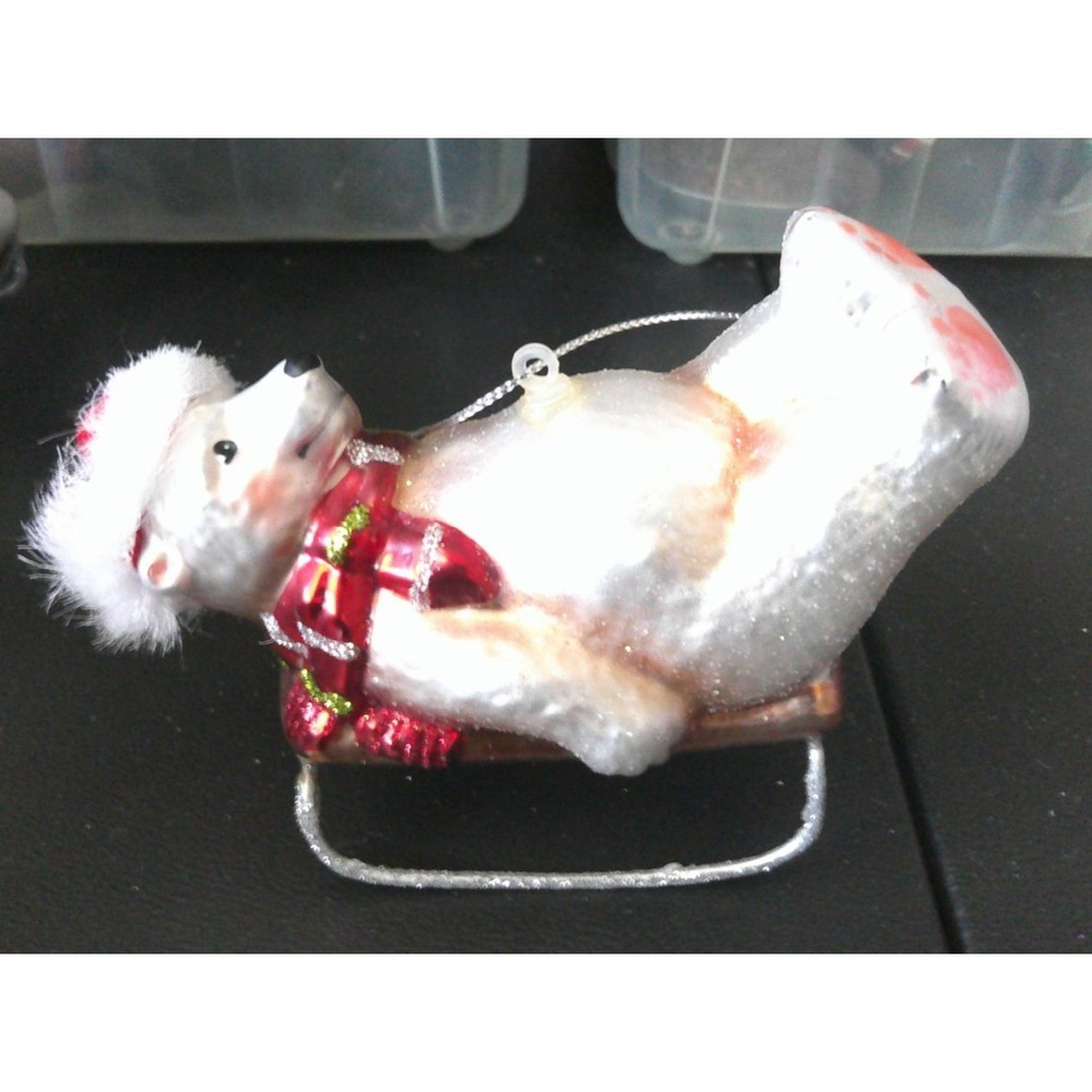White Polar Bear Red Scarf‎ Sledding Glass Christmas Tree Holiday Ornament